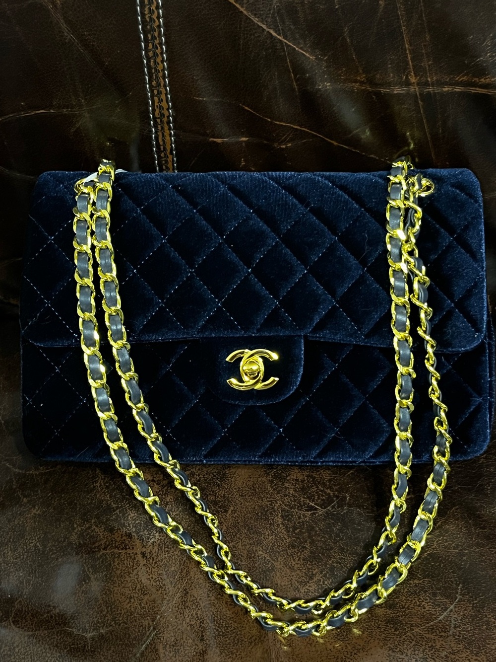 Double C Navy Blue Gold Tone Hardware Quilted Velvet Chain Strap Flap Bag Purse